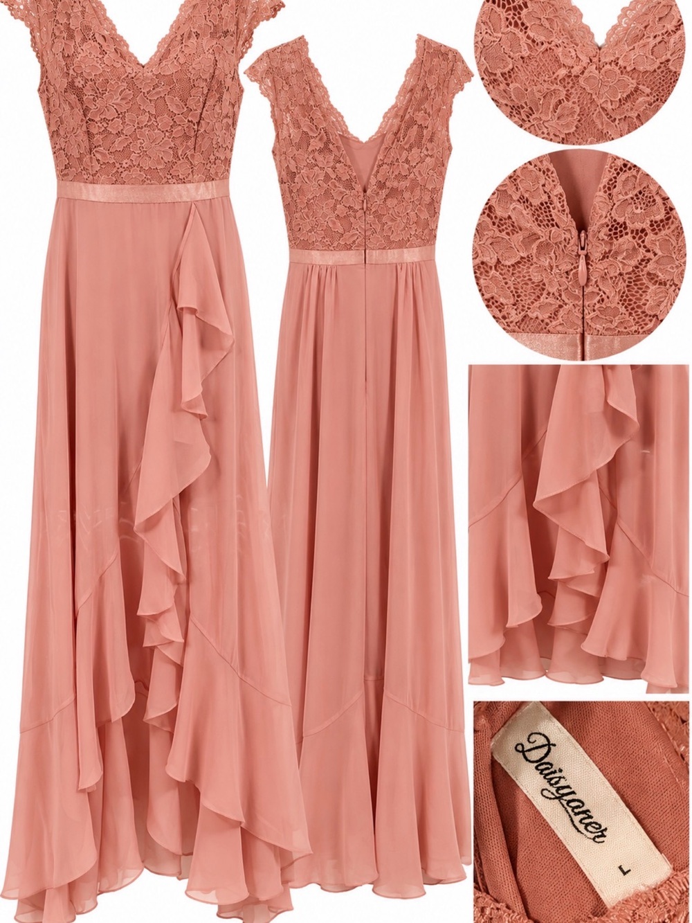 Rose Dust Lace V-Neck Ruffle Maxi Dress